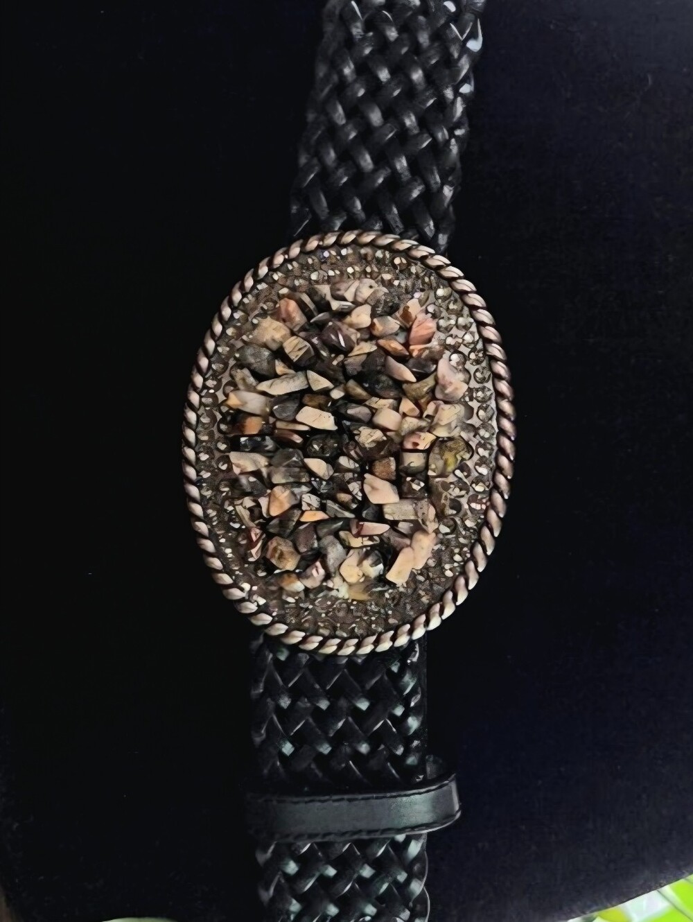Woven Black Belt with Large Rhinestone & Agate Buckle Size S